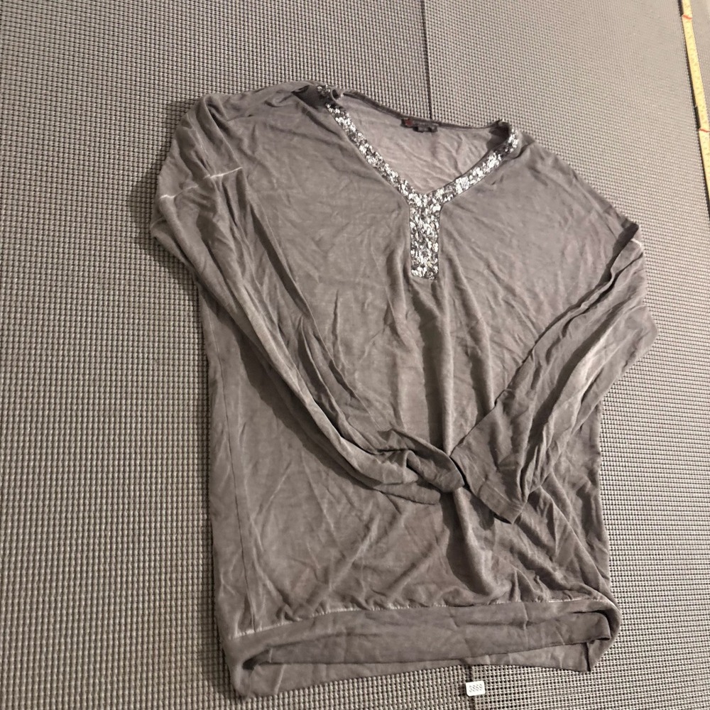 Street One Womens Gray Sequin V-Neck Banded Hem Long Sleeve Top EU 38